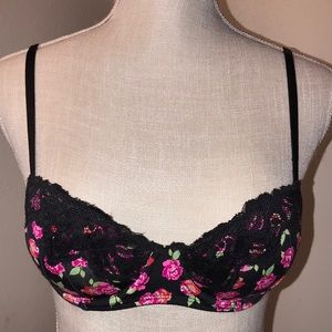Candies 34A Black with Pink Roses Satin Push Up Bra